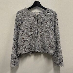 SOLD Feathered Sequin Cardigan in Silver